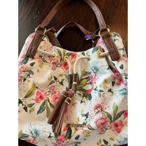 NWT Liz Claiborne White Floral Drawstring Hobo Handbag - Tassels & Brown Trim